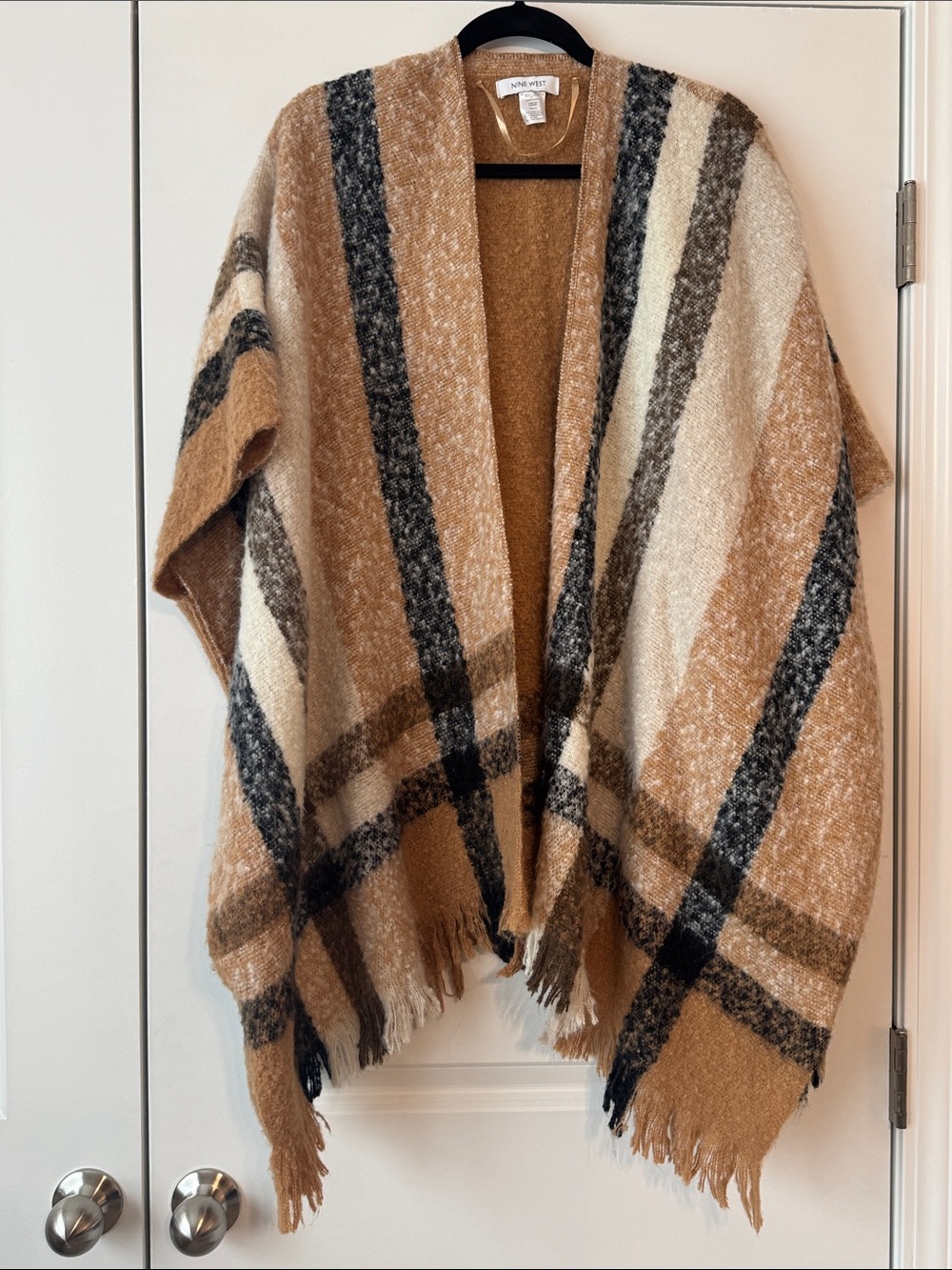 Nine West Tan, Cream & Charcoal Plaid Fringed Wrap Cardigan
